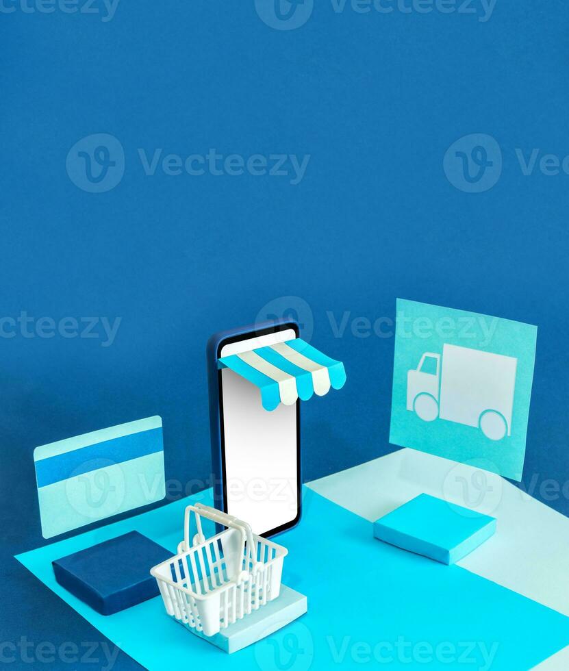 Minimal online shopping on smart phone application service, digital marketing, online buying. photo