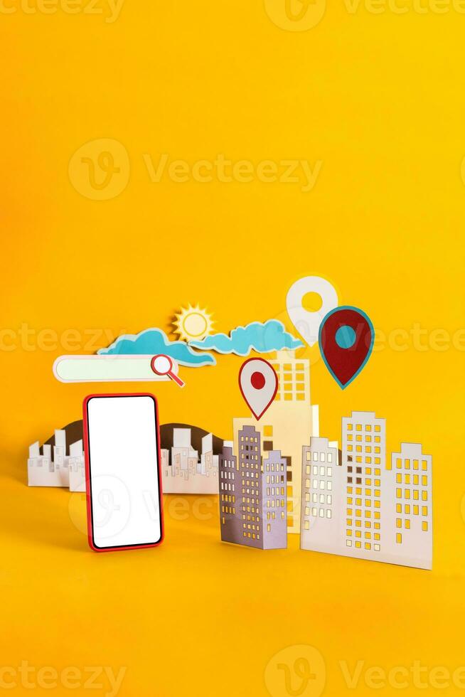 Mobile phone with search bar. Web search concept. Urban location concept. photo