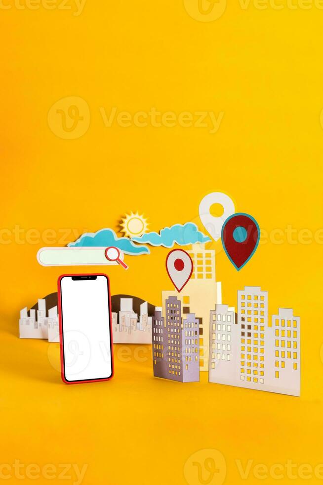 Mobile phone with search bar. Web search concept. Urban location concept. photo