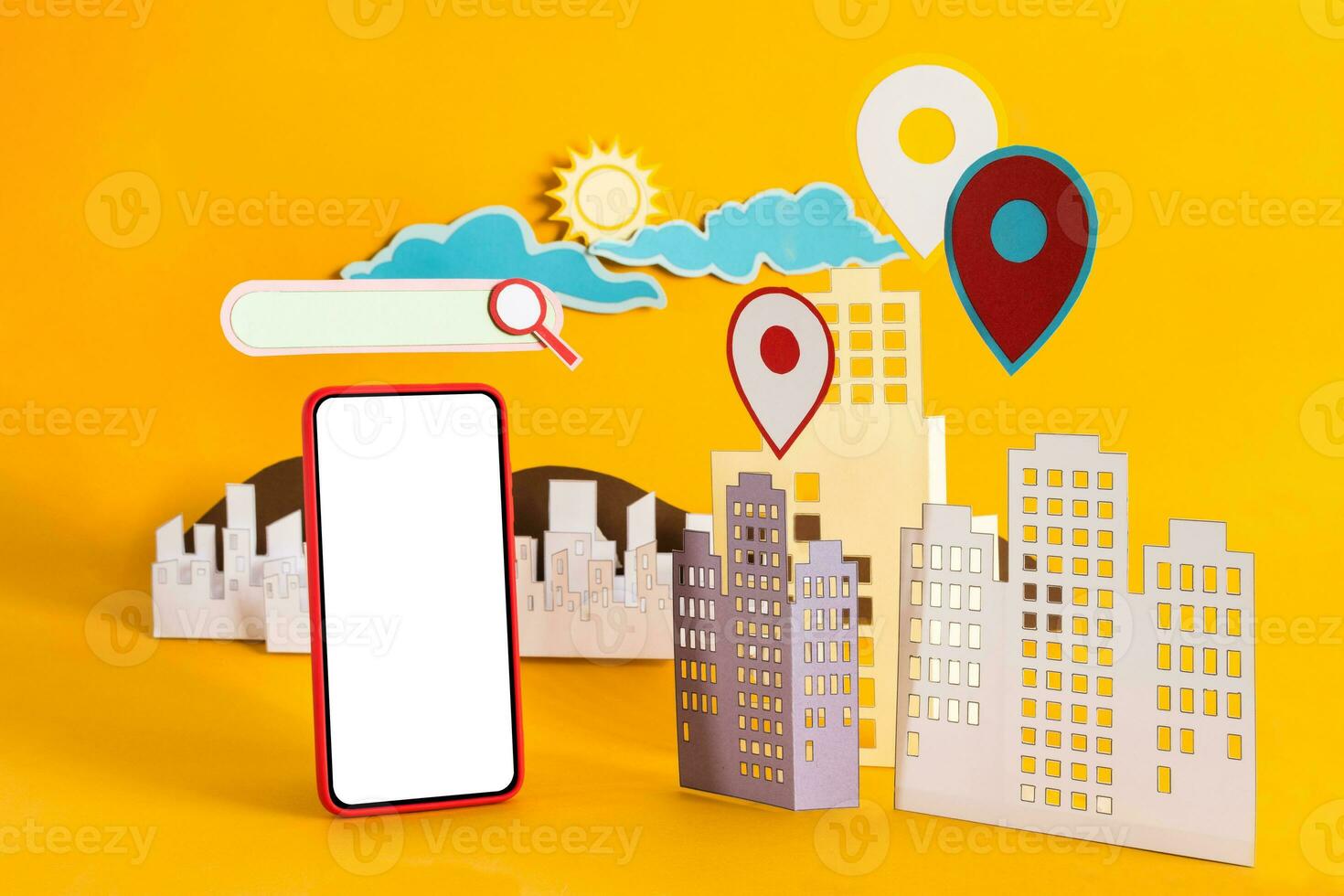 Mobile phone with search bar. Web search concept. Urban location concept. photo