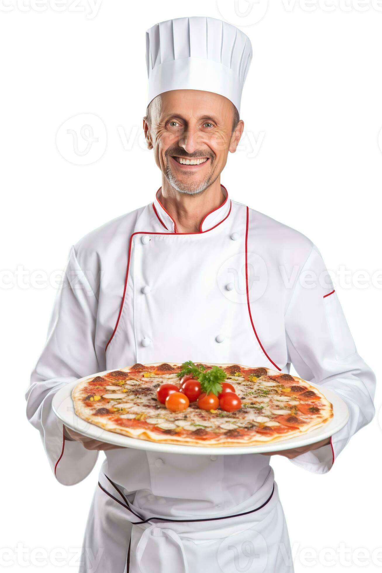 Italian chef with pizza isolated on white or transparent background ...