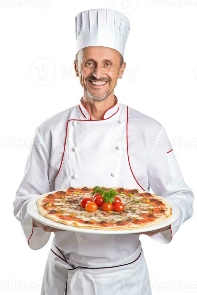 italiano cocinero con Pizza aislado en blanco o transparente antecedentes separar. generativo ai foto