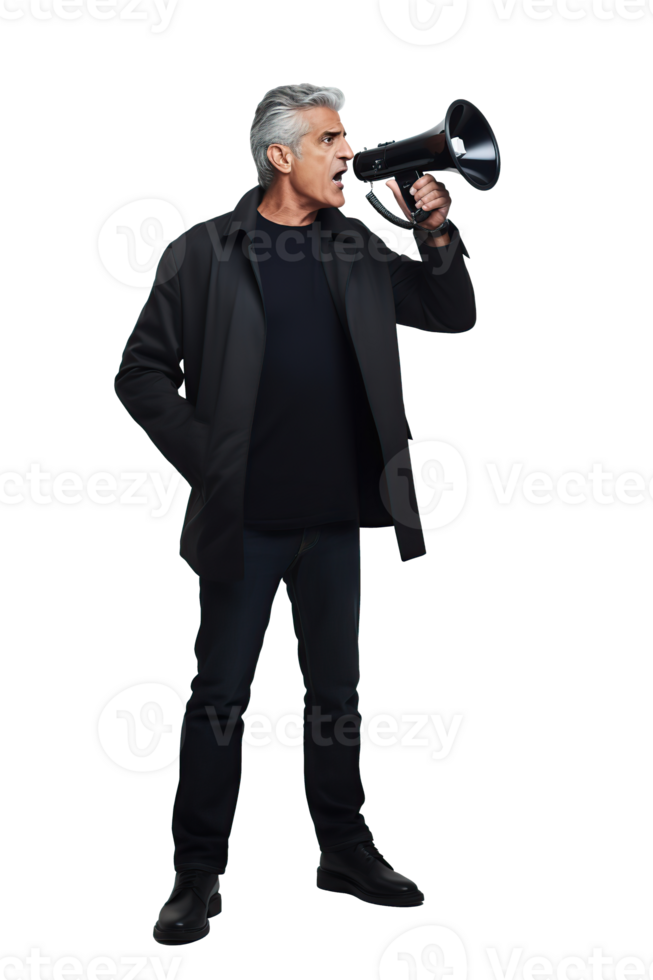 man aktivist använder sig av en megafon isolerat på vit eller transparent bakgrund Skära ut. generativ ai png