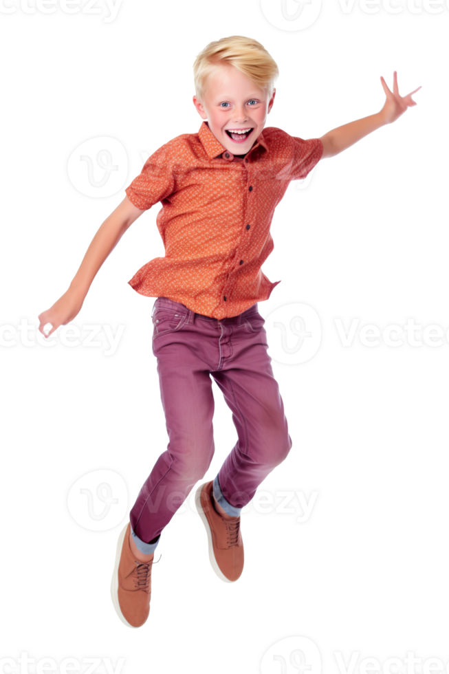 Happy boy jumping isolated on white or transparent background cutout. Generative AI png