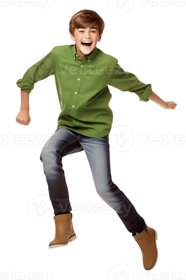 Happy boy jumping isolated on white or transparent background cutout. Generative AI png
