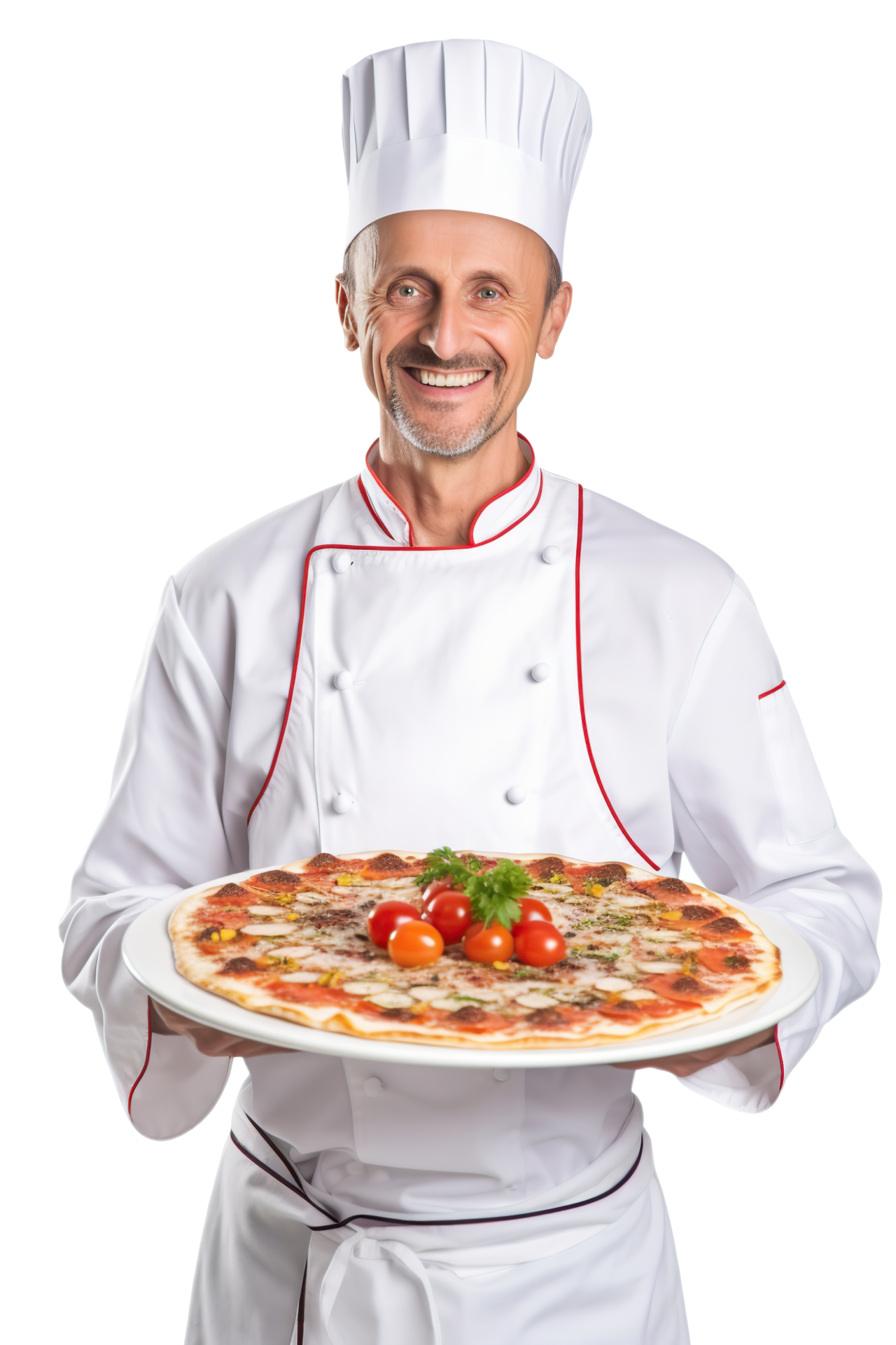 Italian chef with pizza isolated on white or transparent background