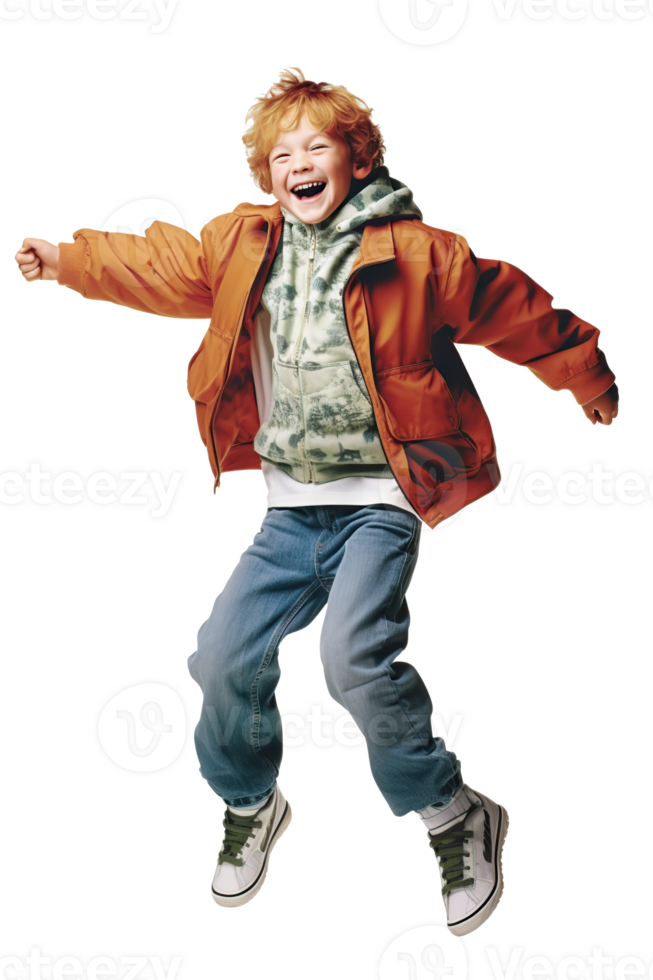 Happy boy jumping isolated on white or transparent background cutout. Generative AI png