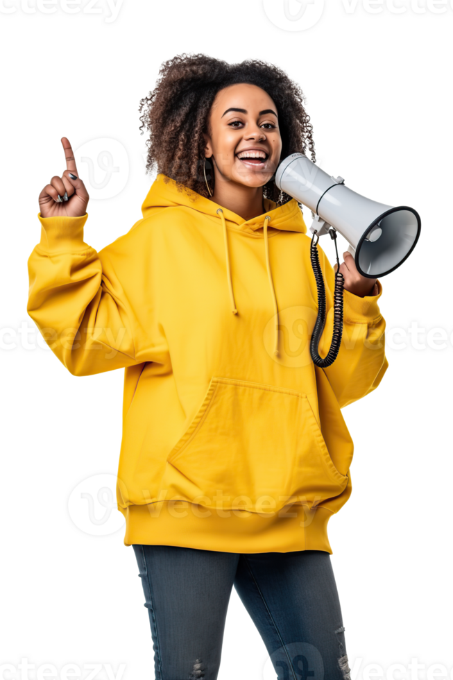 Woman activist using a megaphone isolated on white or transparent background cutout. Generative AI png