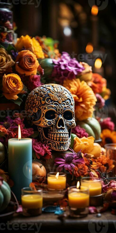 Colorful skull day of the dead altar background. Generative AI photo