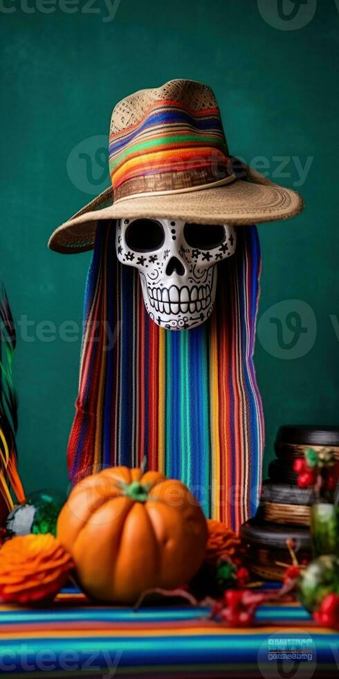 Colorful skull day of the dead altar background. Generative AI photo