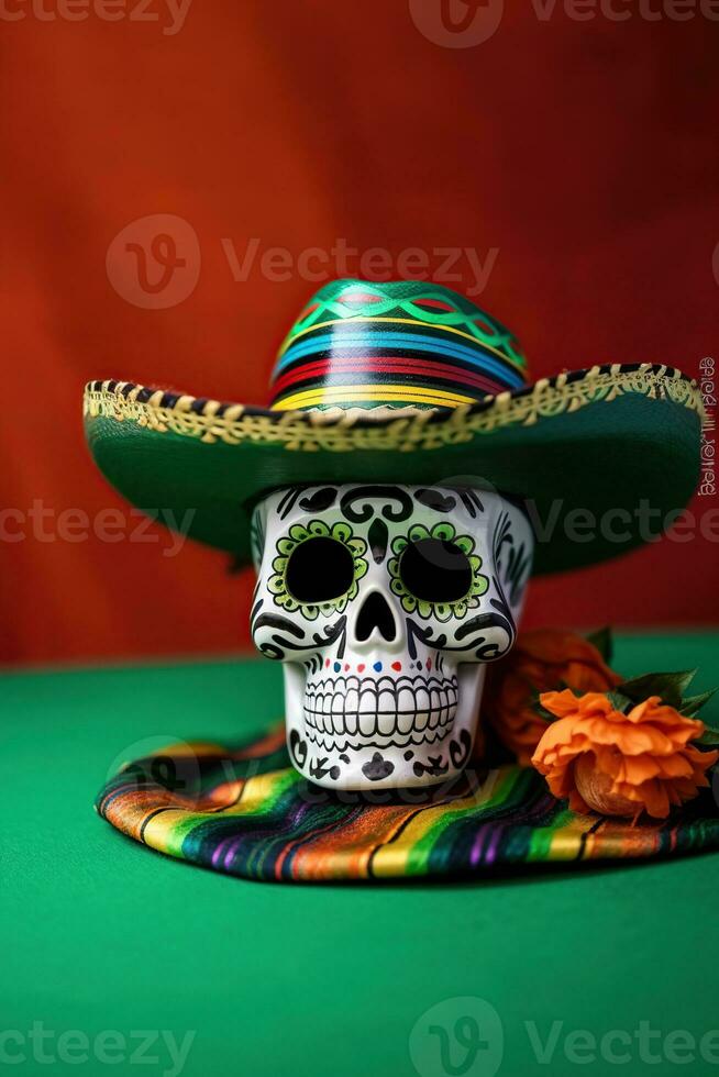 Skulls with hats, Day of the Dead concept. Generative AI photo