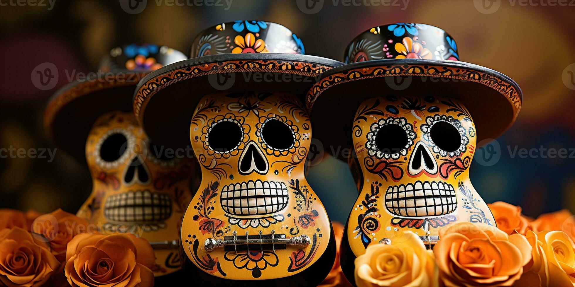 Skulls with hats, Day of the Dead concept. Generative AI photo