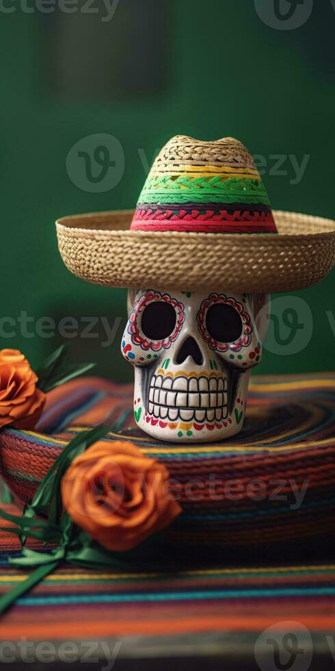 Skulls with hats, Day of the Dead concept. Generative AI photo