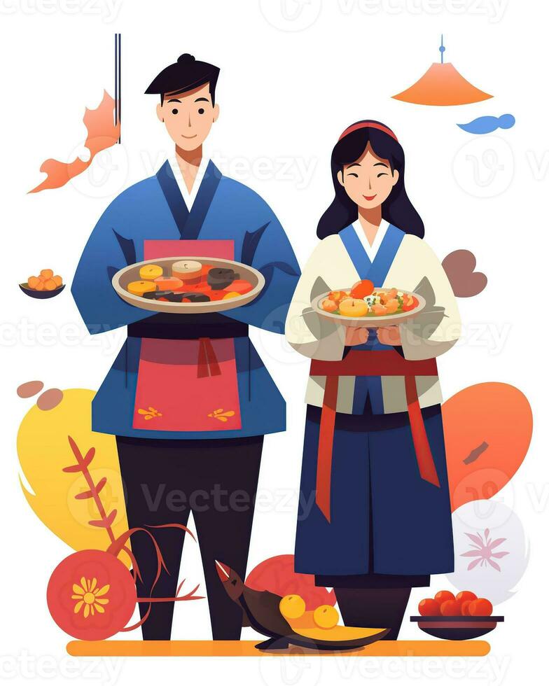 Chuseok festival, flat style illustration. Generative AI photo