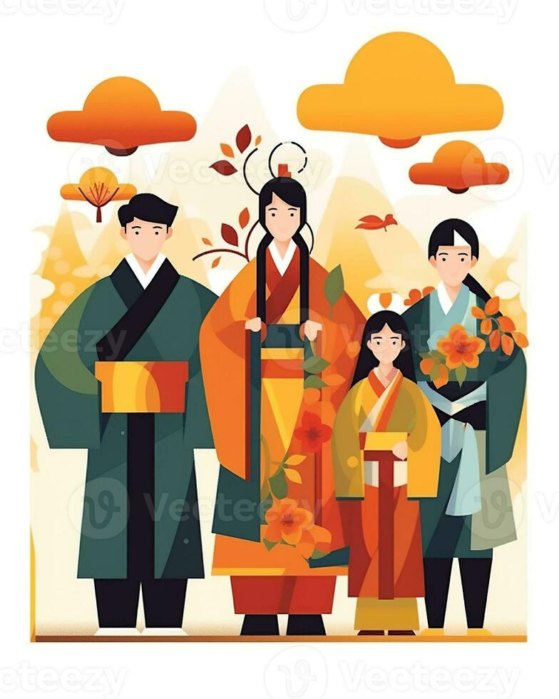 Chuseok festival, flat style illustration. Generative AI photo