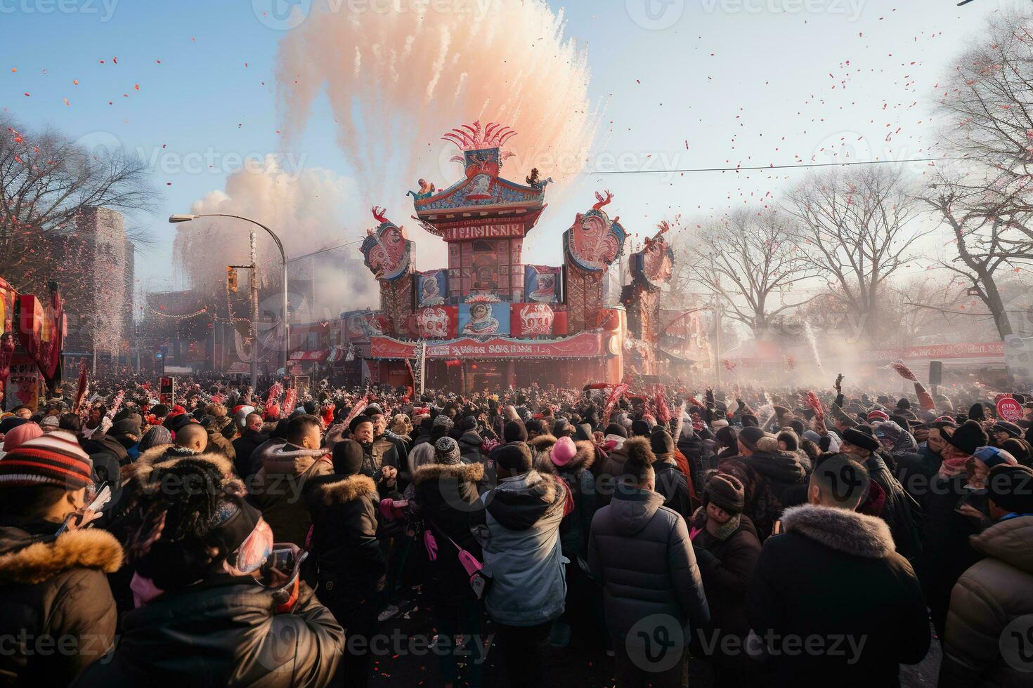 Seollal Korean Lunar New Year urban festival. Generative AI photo