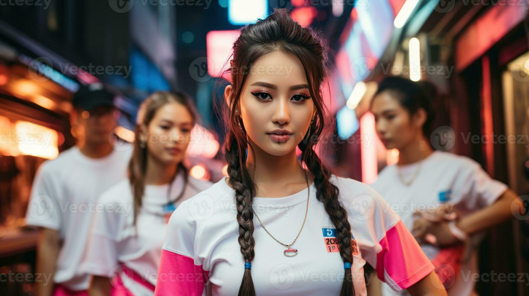 Young female K pop dancer with neon light at the street. Generative AI photo