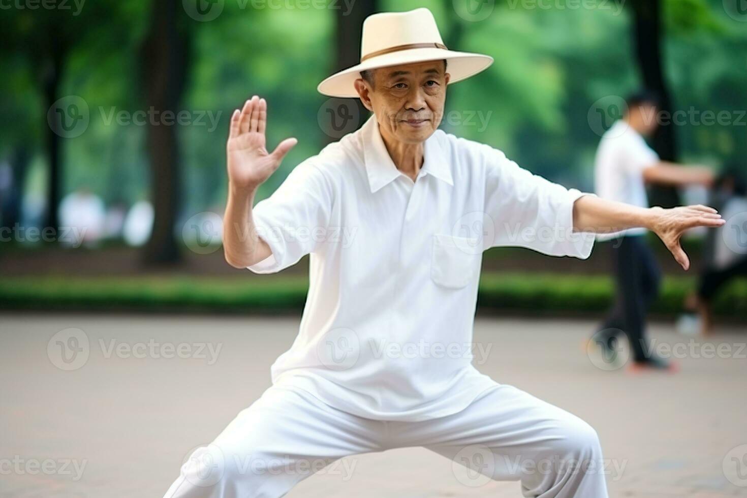 Retired asian man practicing tai chi chuan at park. Generative AI photo