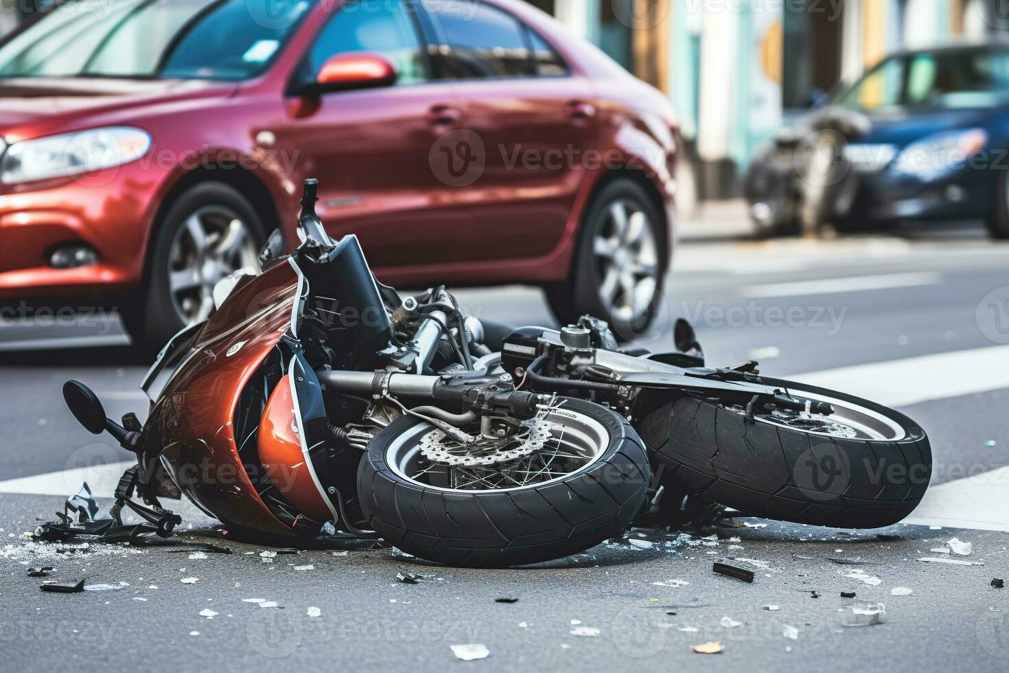 Car and motorcycle accident at the intersection, Accident insurance. Generative AI photo