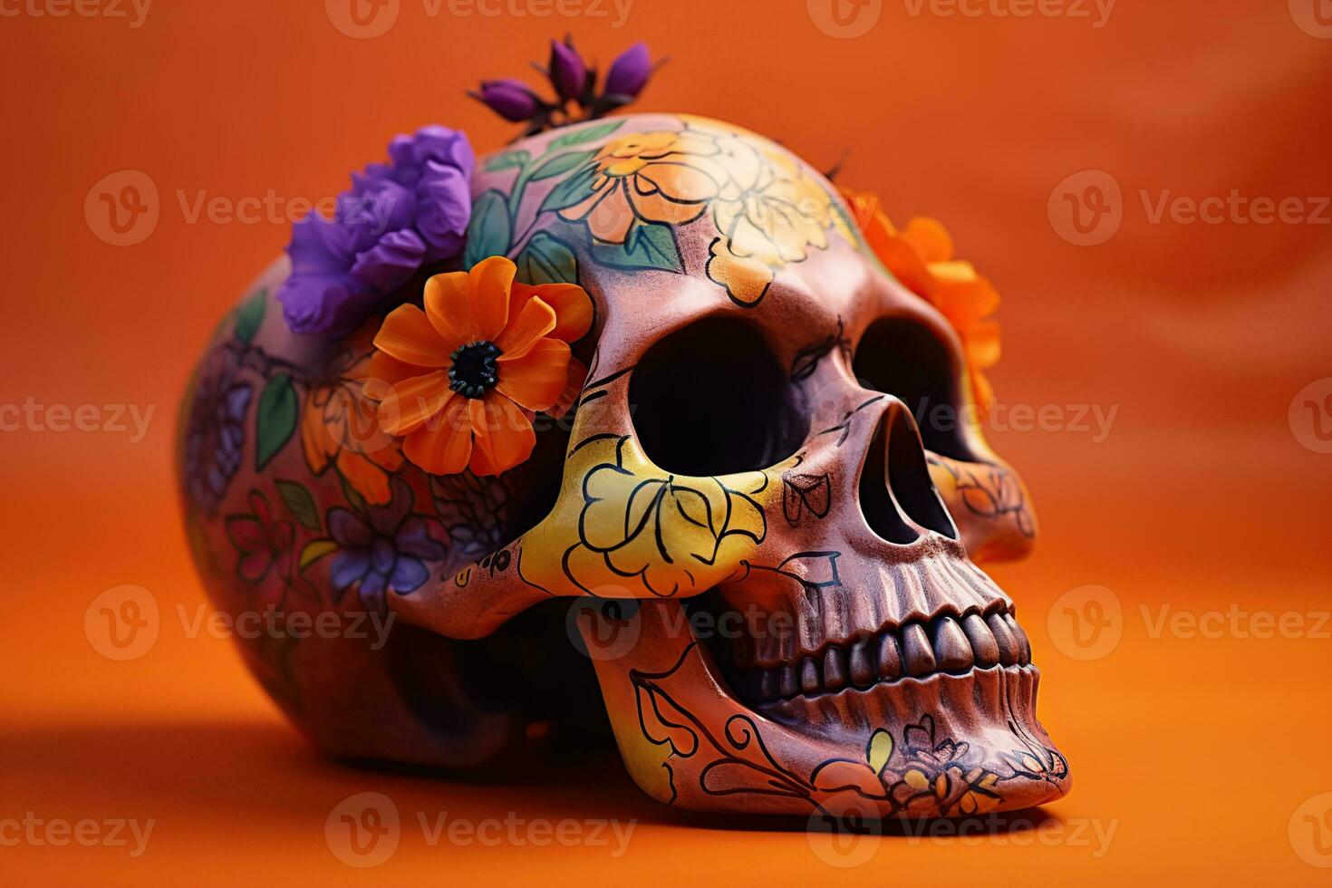traditional calavera sugar skull decorated with flowers the day of the dead. Generative AI photo