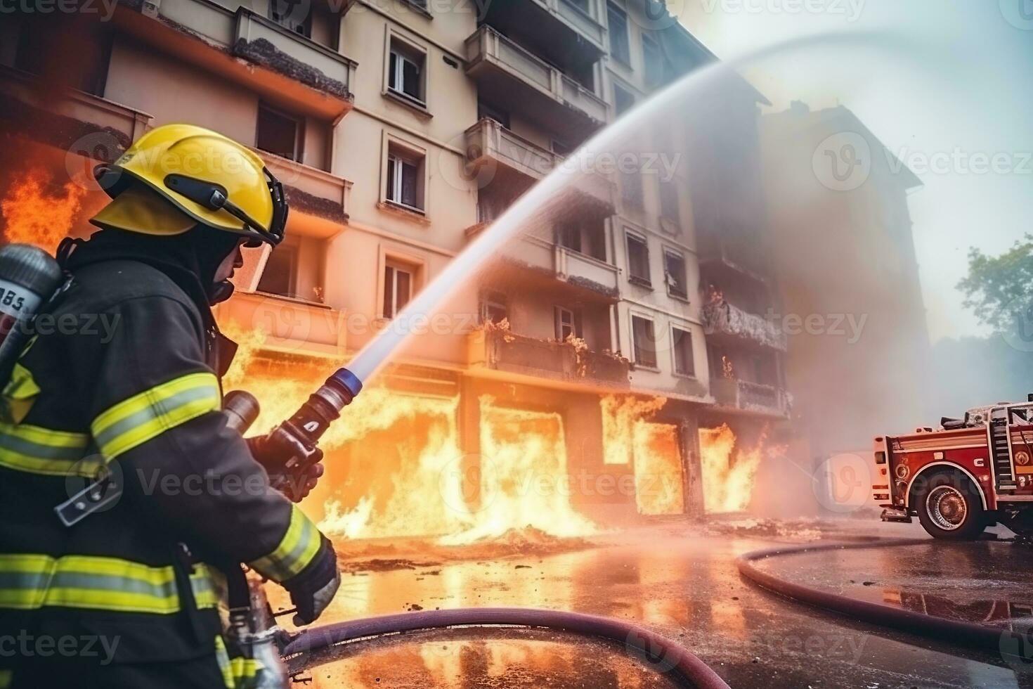 Fire insurance, building fire in the city. Generative AI photo