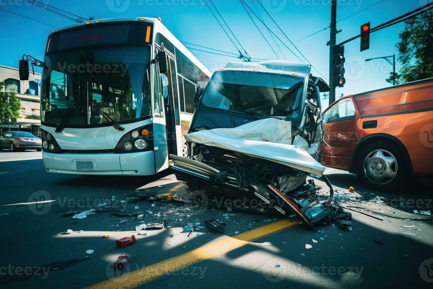 Bus and truck collision, Accident insurance. Generative AI photo