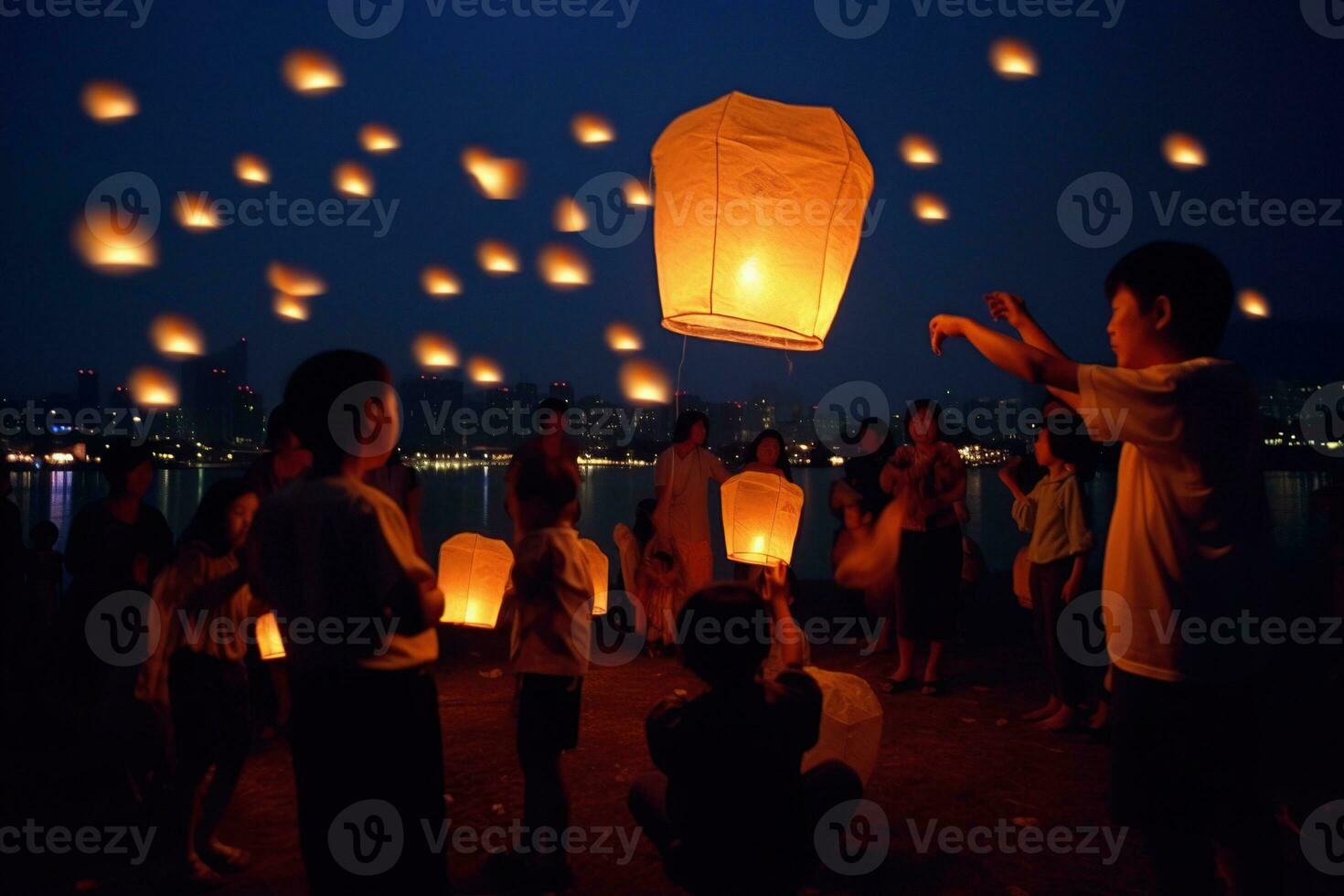 Autumn lantern festival at night. Generative AI photo