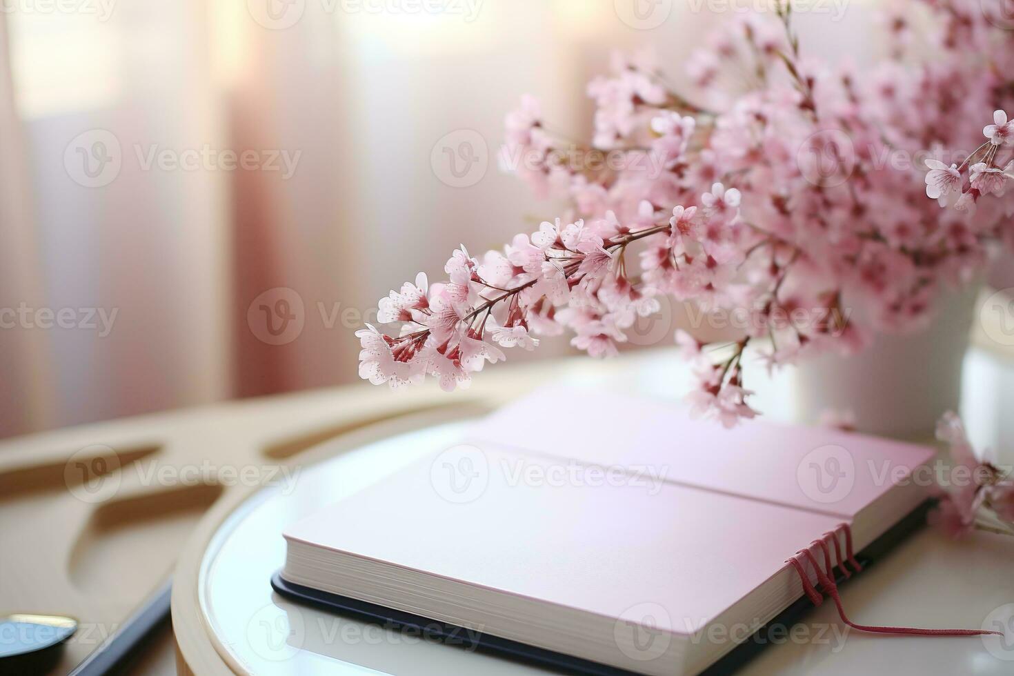 Blooming tree branches with pink flowers and note book. Generative AI photo