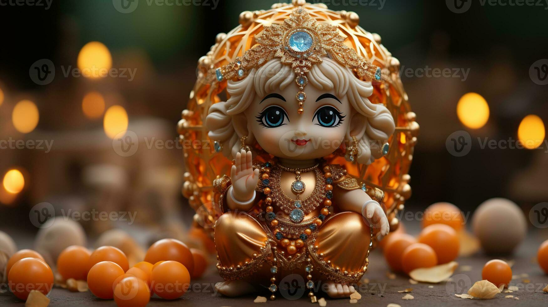 bal Krishna laddu gopal latón estatua. ai generado foto