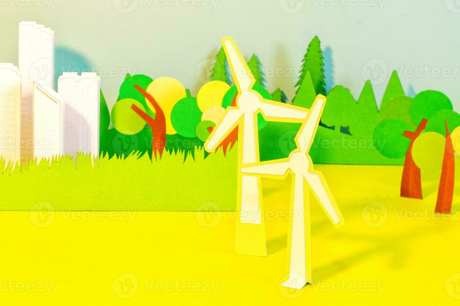 sostenible poder desde viento turbinas, papel cortar, papel Arte. foto