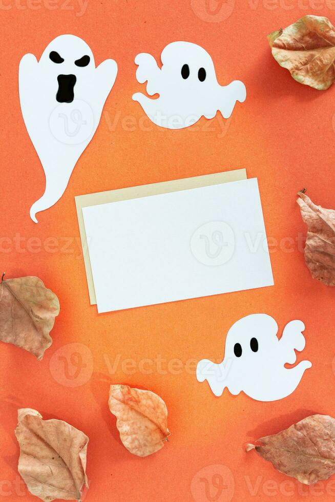 Happy halloween card in flat lay style. photo