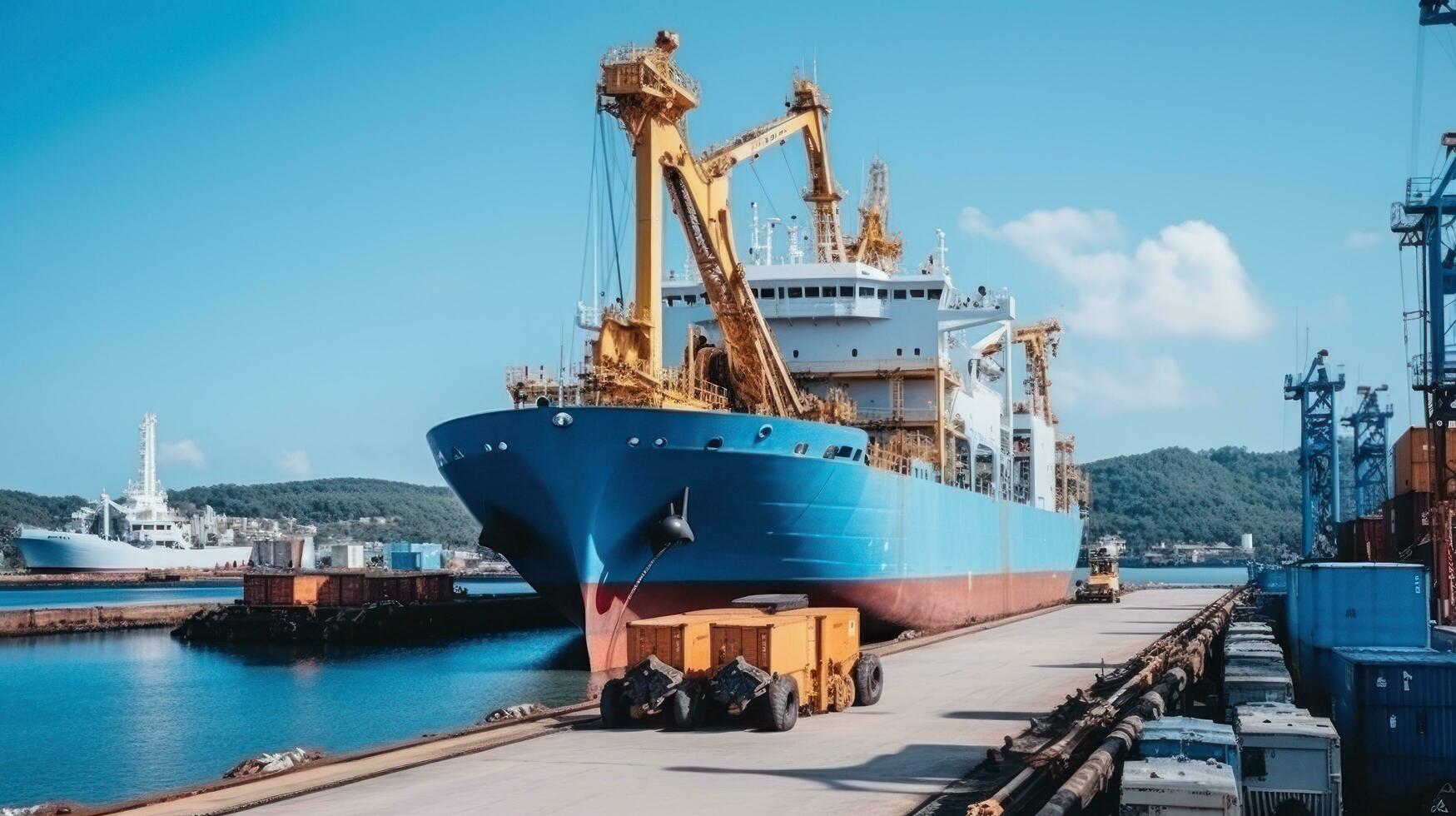 Transport sea vessel is loaded with containers photo