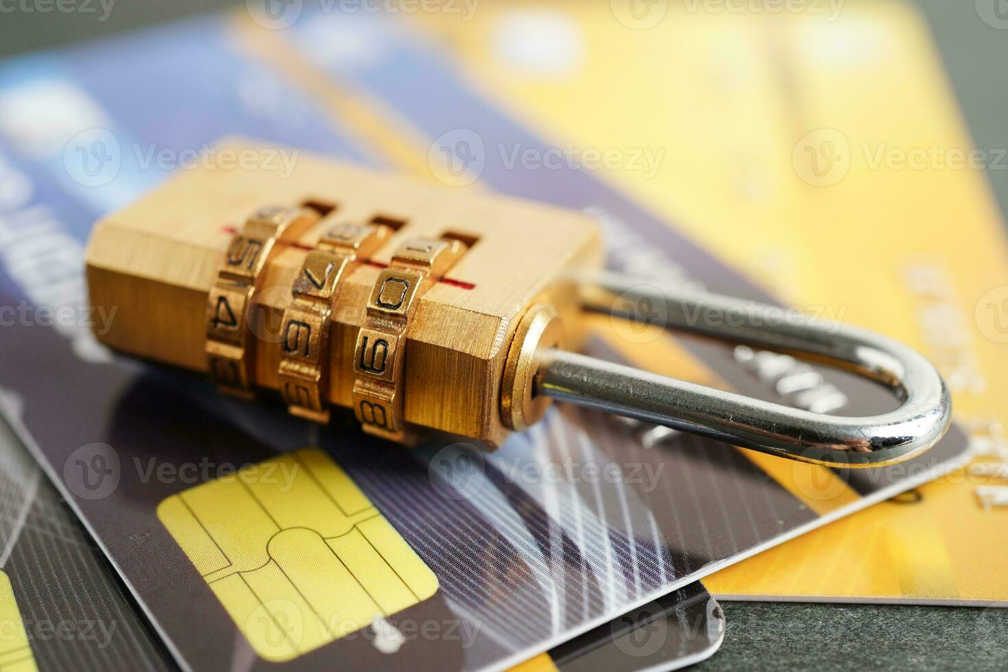 Credit card with password key lock, security finance business concept. photo