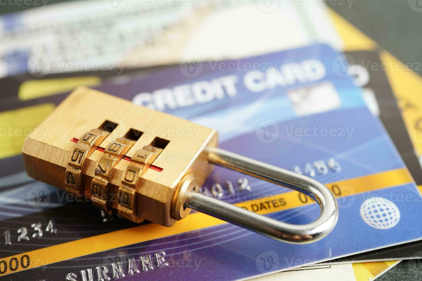 Credit card with password key lock, security finance business concept. photo
