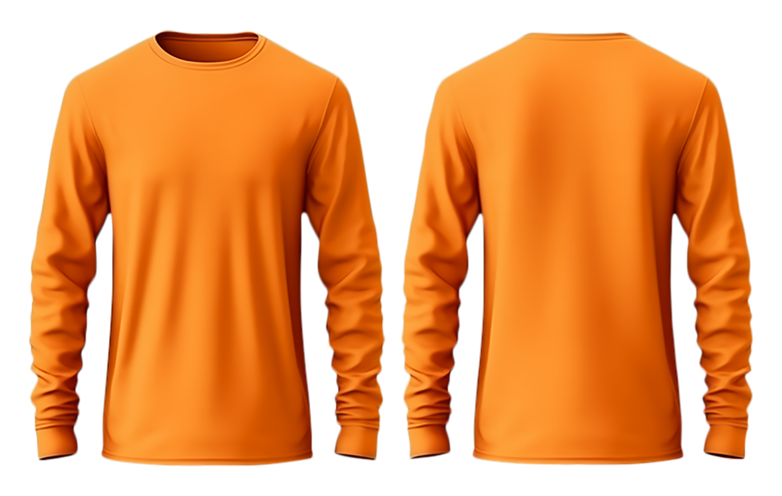 Orange long sleeve plain t-shirt mockup, with front and back views, isolated on transparent background, generative ai png