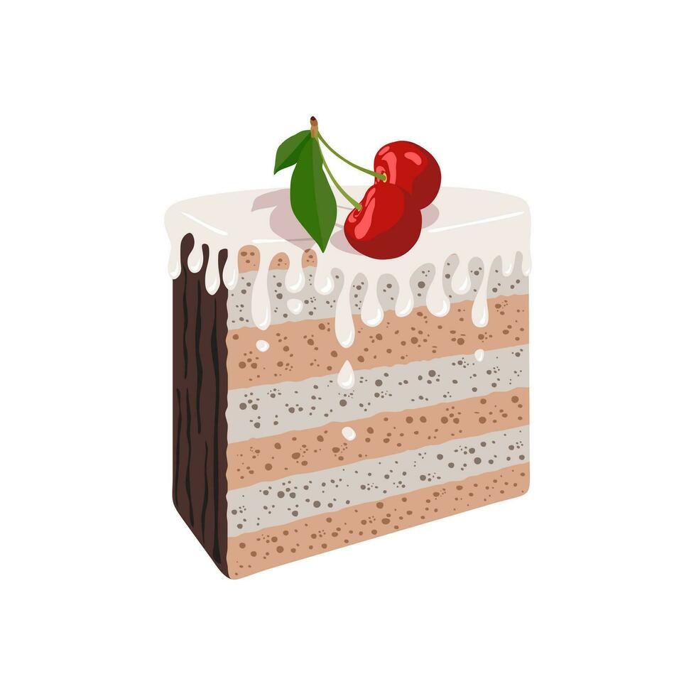 Piece of cake with cherry and white chocolate, vector icon.