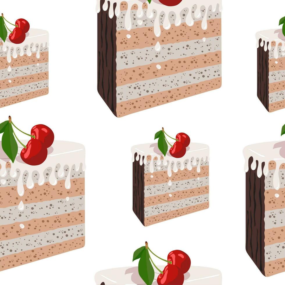 Seamless pattern with pieces of cakes with cherry. Hand drawn vector illustration.