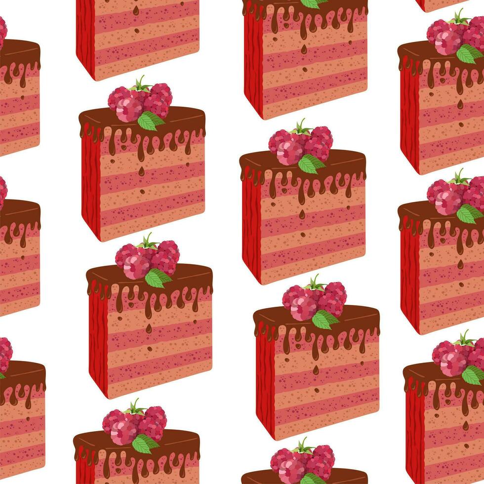 Seamless pattern with Birthday cream cakes with raspberries. Hand drawn vector illustration.