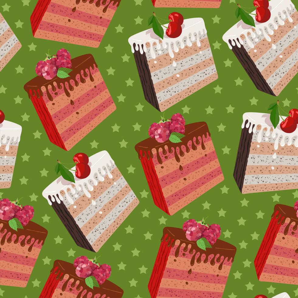Vector seamless pattern with various cakes. Cartoon illustration.