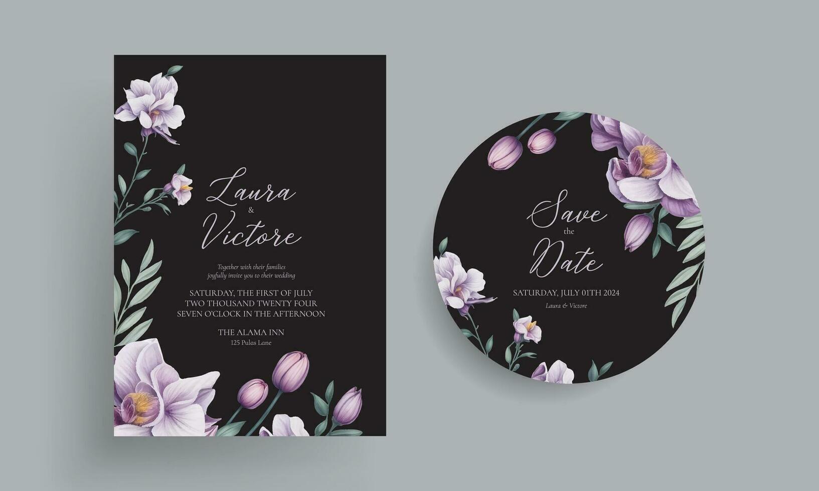 Wedding invitation card set with flowers and leaves watercolor frame vector