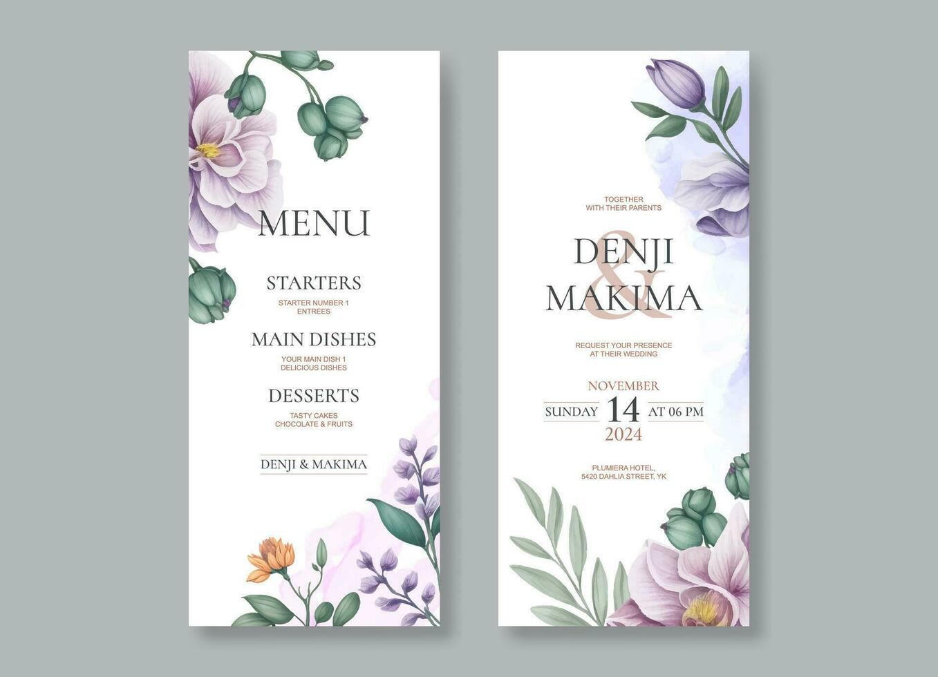 Romantic watercolor flower for wedding invitation menu card set vector