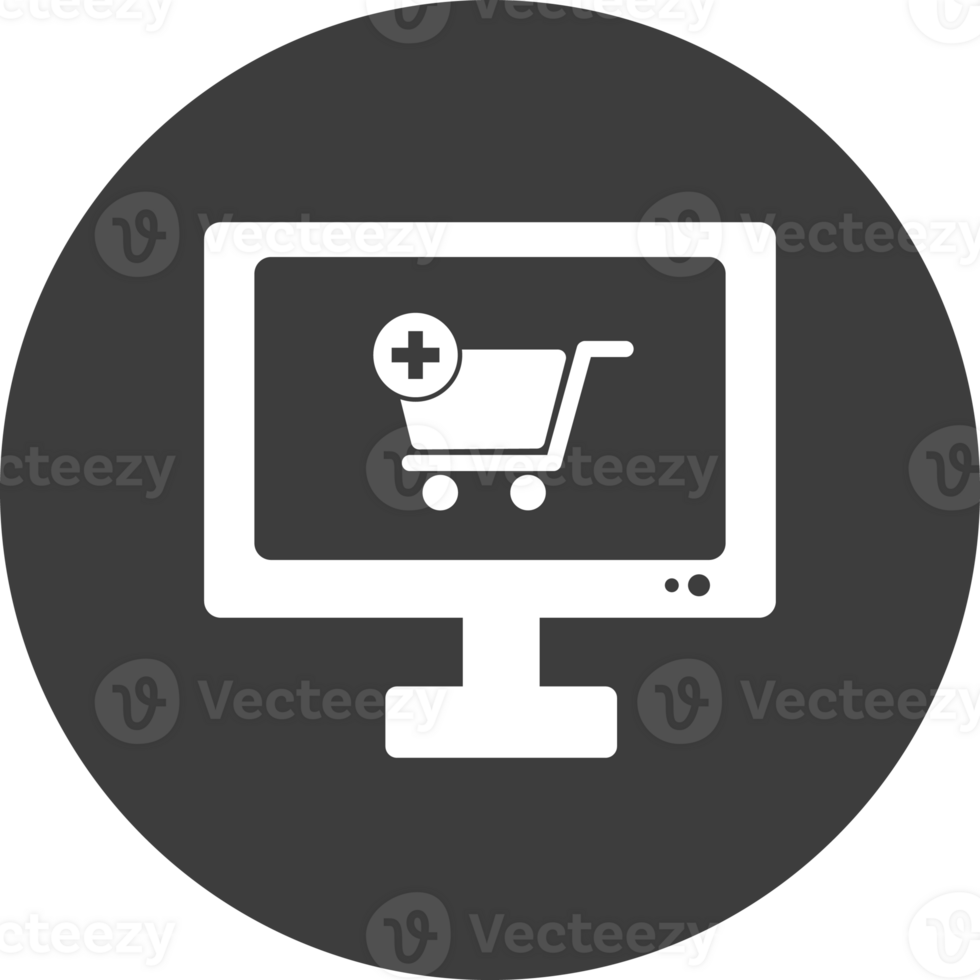 Einkaufen online auf Computer Symbol im schwarz Kreis. png