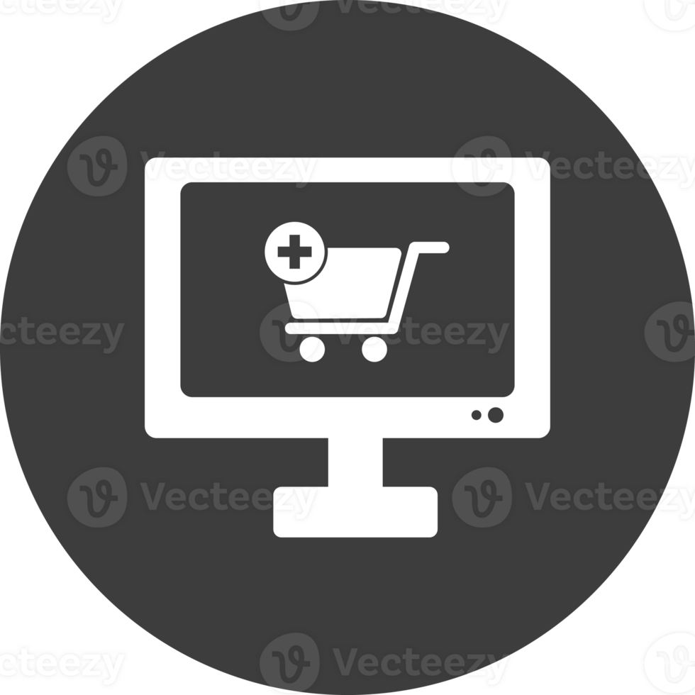 compras en línea en computadora icono en negro círculo. png