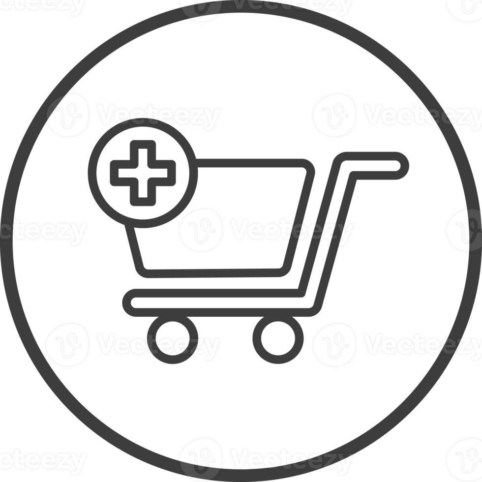 shopping cart add on order icon in thin line black circle frames. png