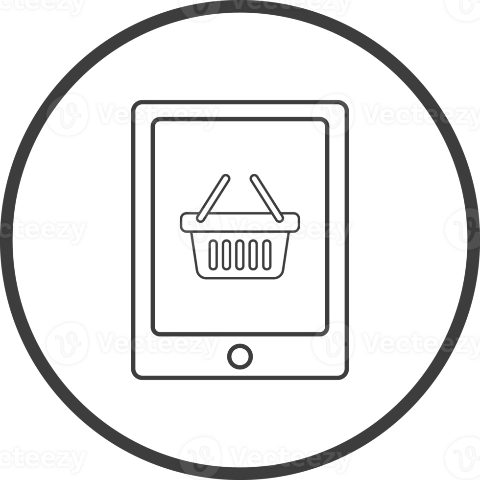 shopping online on mobile icon in thin line black circle frames. png