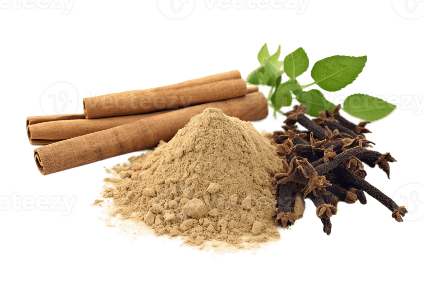 Licorice powder with licorice roots isolated on transparent background