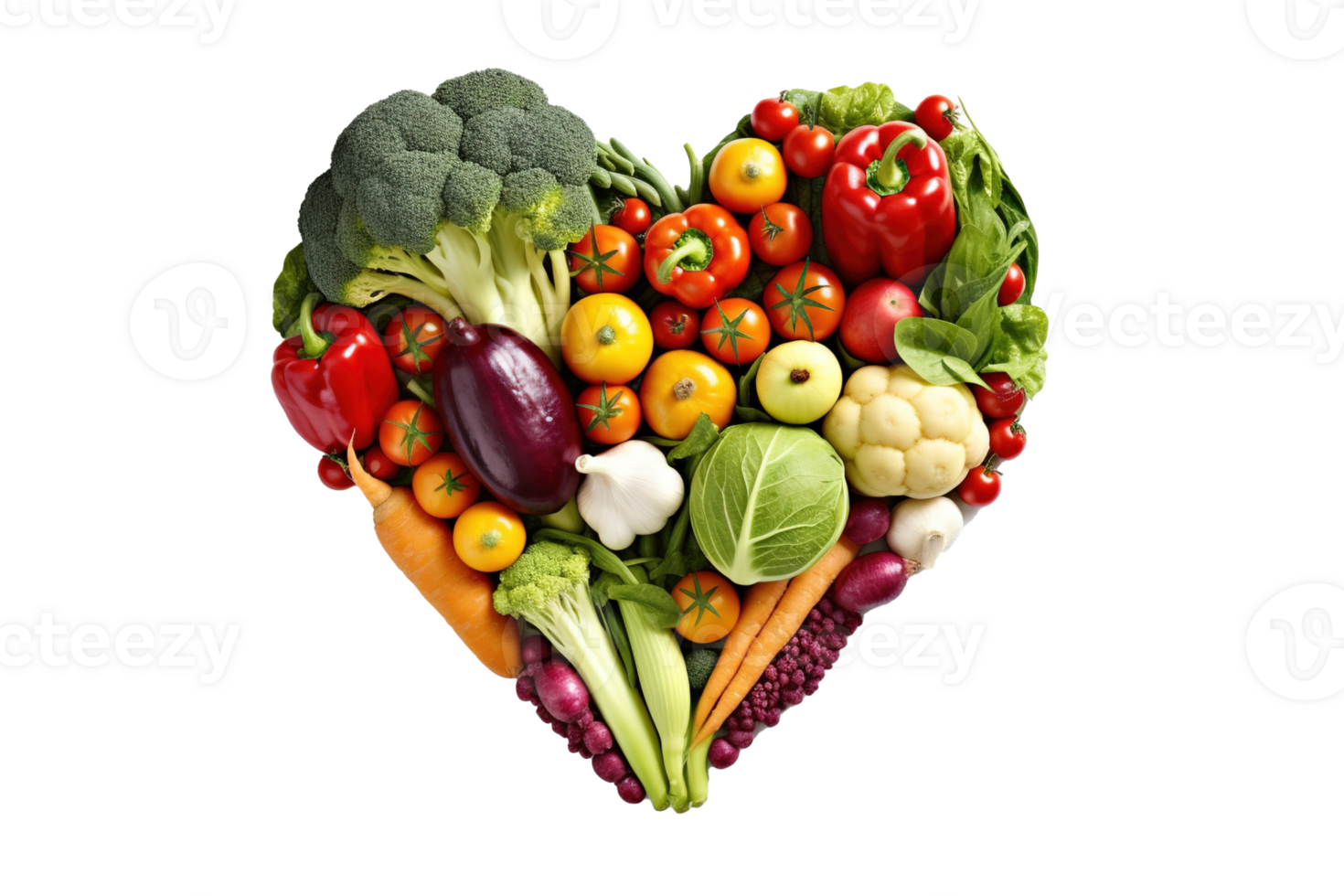 Heart shape made of different vegetables isolated on transparent background. PNG file, cut out. AI Generated