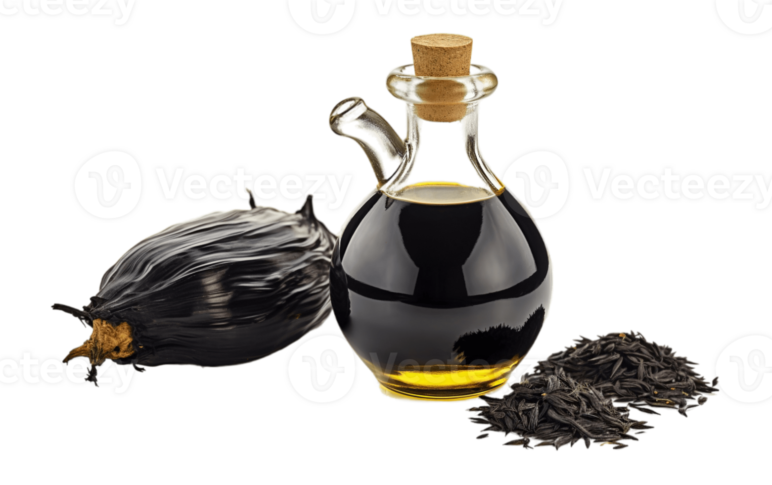 Black cumin oil isolated on transparent background. PNG file, cut out. AI Generated