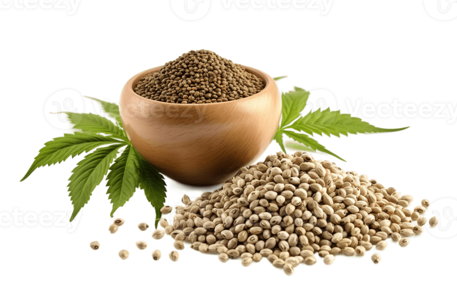 Hemp seeds with cannabis leaves isolated on transparent background. PNG file, cut out. AI Generated