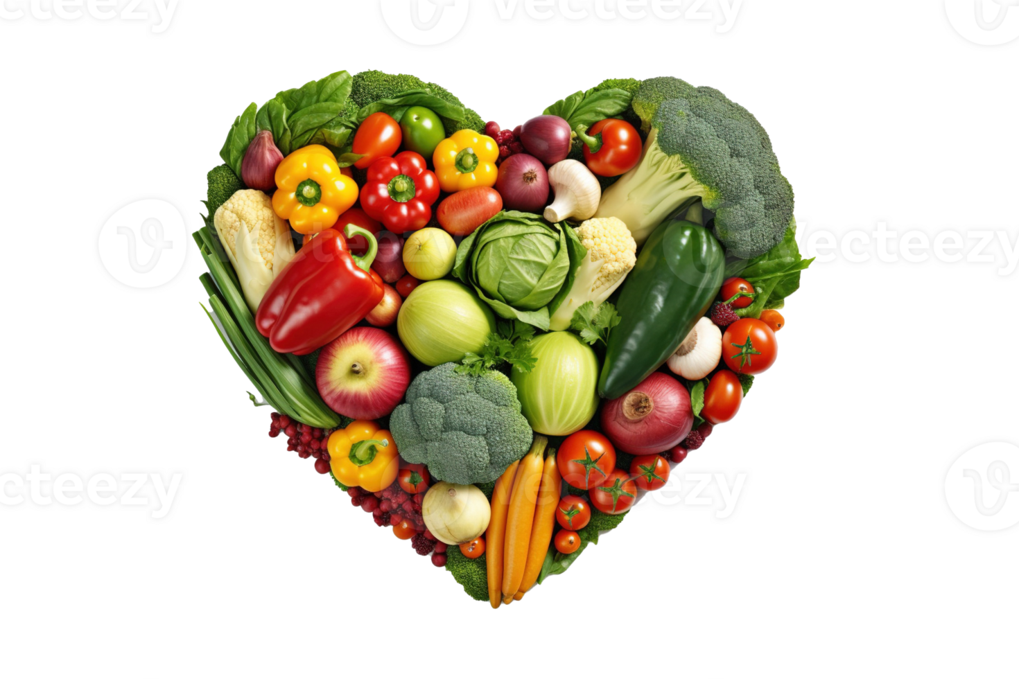 Heart shape made of different vegetables isolated on transparent background. PNG file, cut out. AI Generated